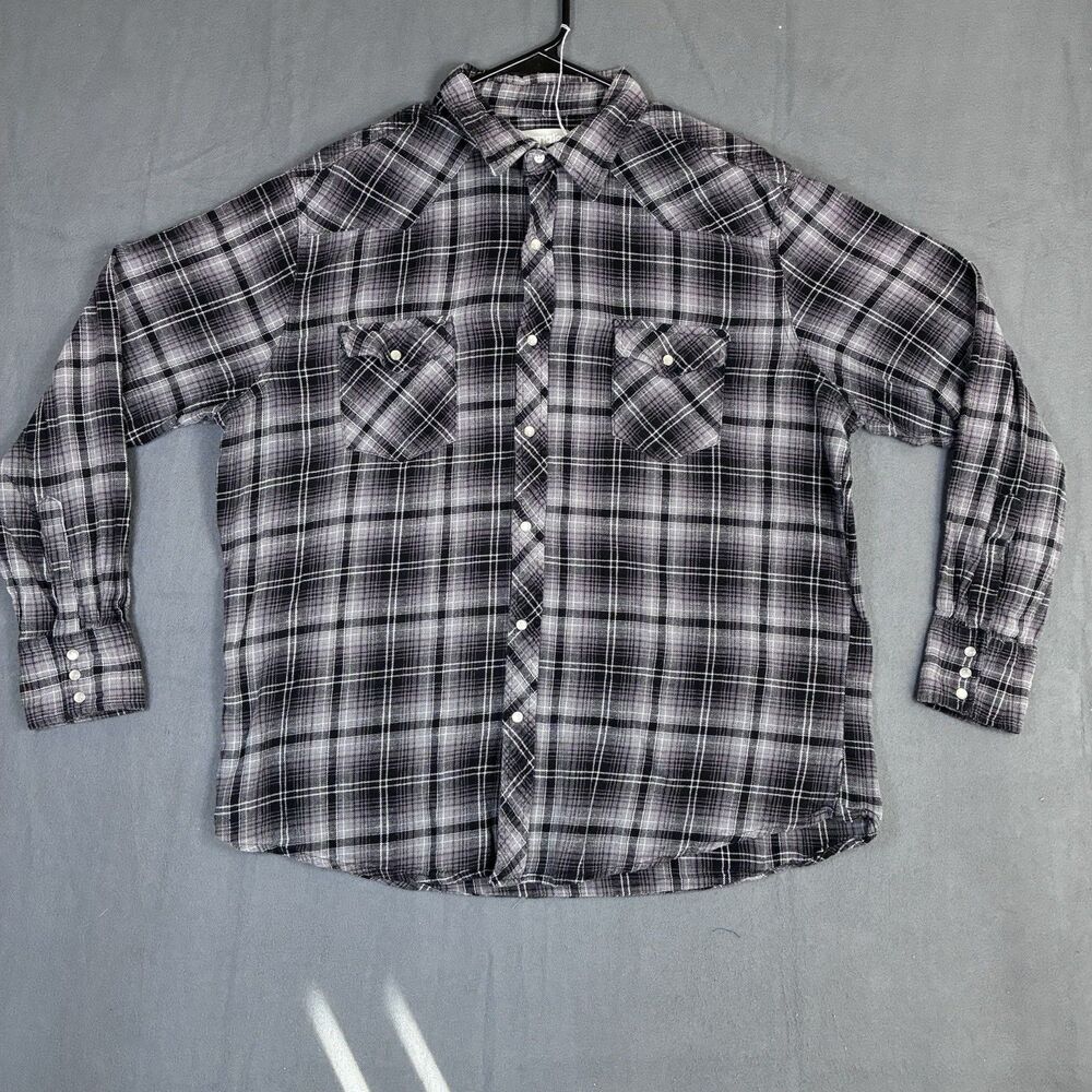 Wrangler Rancher Shirt Men XL Black Plaid Flannel Pearl Snap Western Cowboy